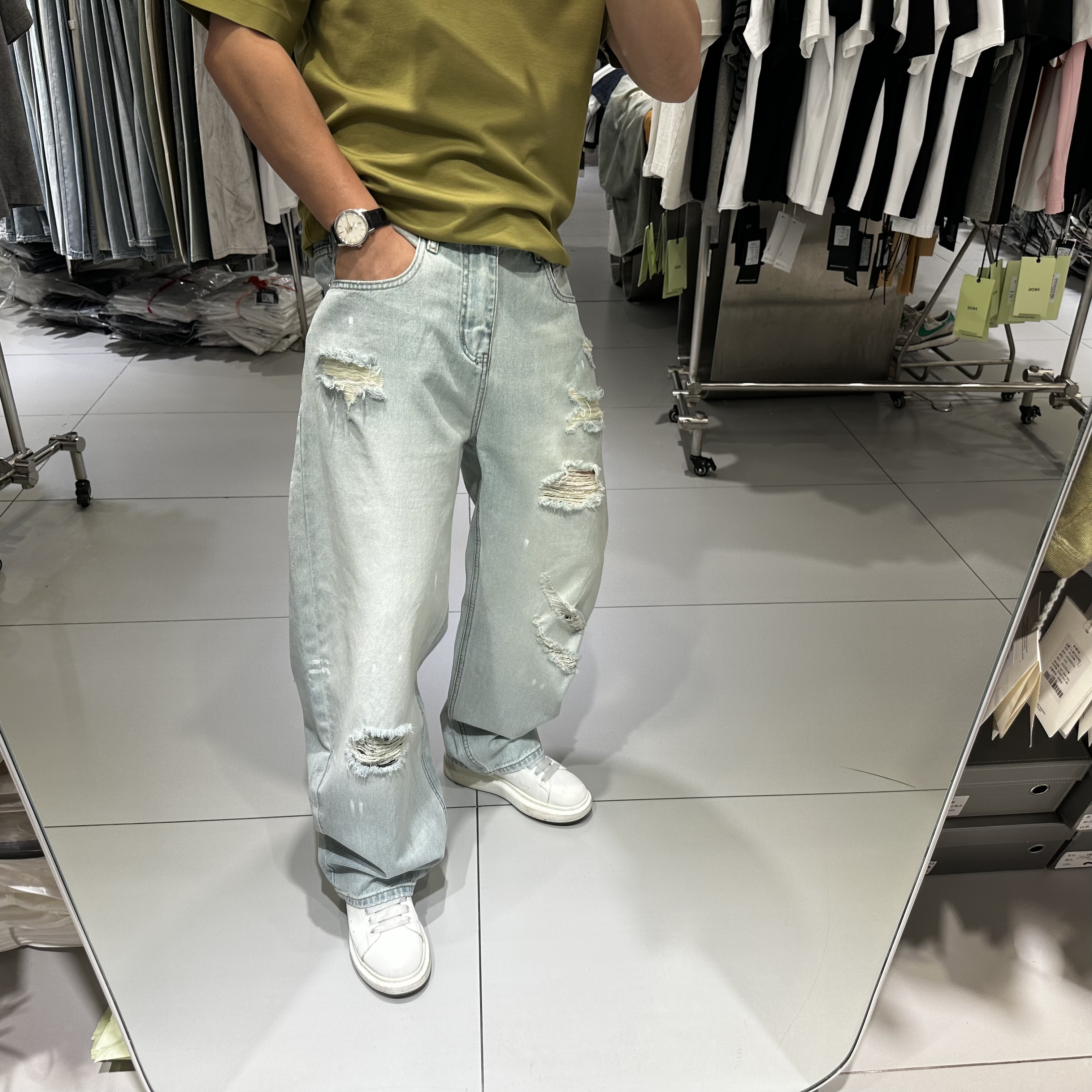 夏季王炸款～浅色男破洞牛仔裤【重工艺水洗香蕉裤】无弹休闲直筒