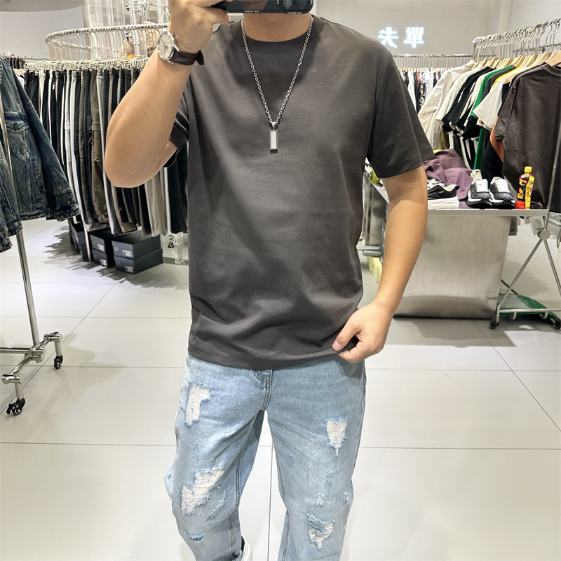 2025夏季新款男亮色短袖圆领T恤弹力修身净版纯色打底上衣简约帅