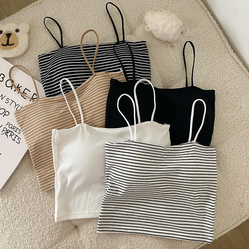 夏季条纹带胸垫短款吊带背心纯棉内搭露肚脐修身女防走光显瘦上衣