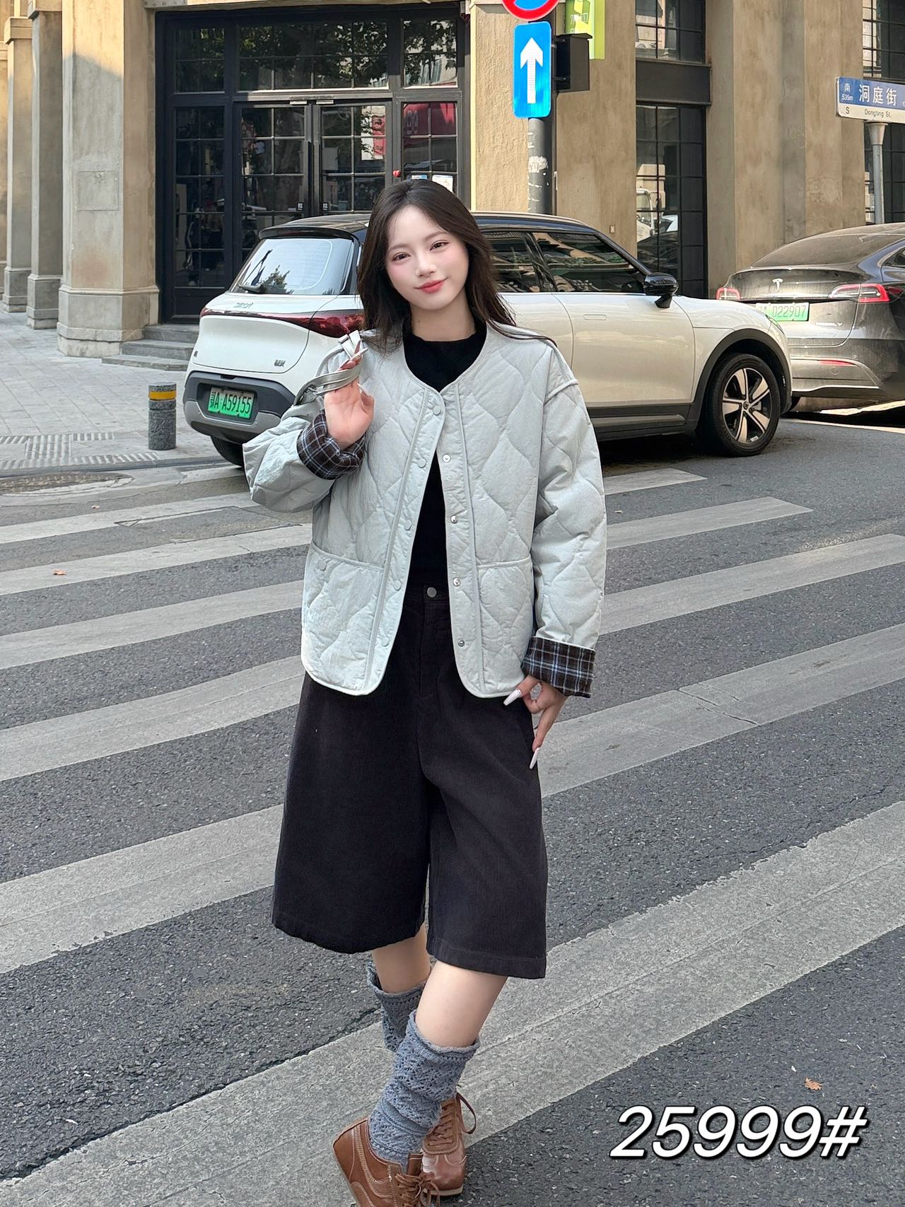 韩系圆领格子拼接菱形格棉服女2025冬季新款宽松显瘦百搭洋气棉衣