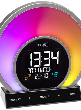 德国TFA Dostmann彩色时钟贪睡闹钟氛围灯5种日落光室内温湿度计