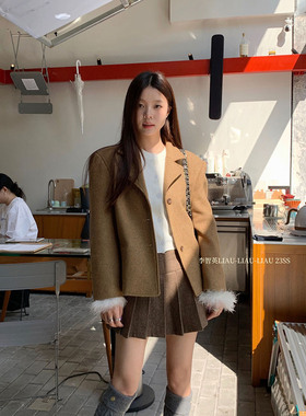 李智英LIAU 韩国th*bar**et八奶驼黄色西装复古杂色呢外套100羊毛