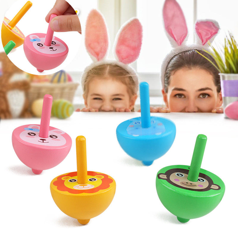 木质陀螺怀旧玩具4个装动物图案儿童动手旋转男女孩3-6岁传统玩具