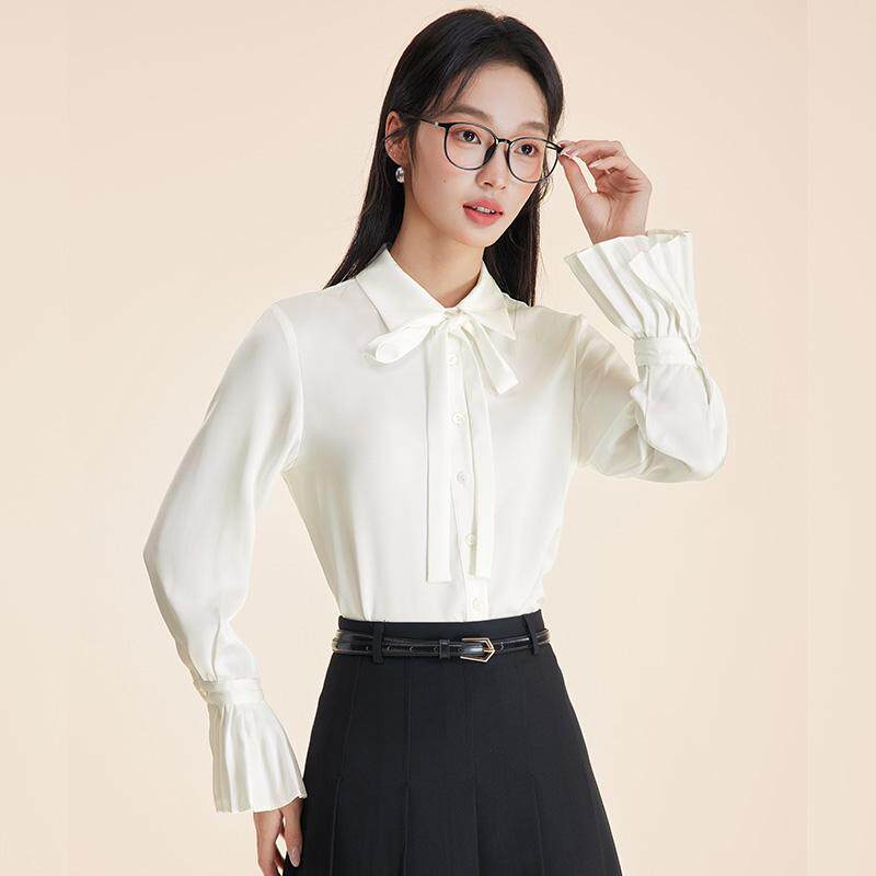 气质白色蝴蝶结衬衫飘带女2025春秋季新款设计感小众喇叭长袖衬衣