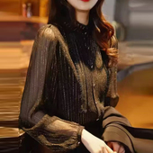 妈妈高级感亮丝衬衣 春秋优雅立领上衣时尚 真丝气质减龄衬衫 女新款