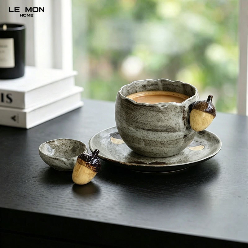 侘寂风手作陶瓷橡果咖啡杯碟套装复古松果马克杯拿铁拉花茶杯带勺