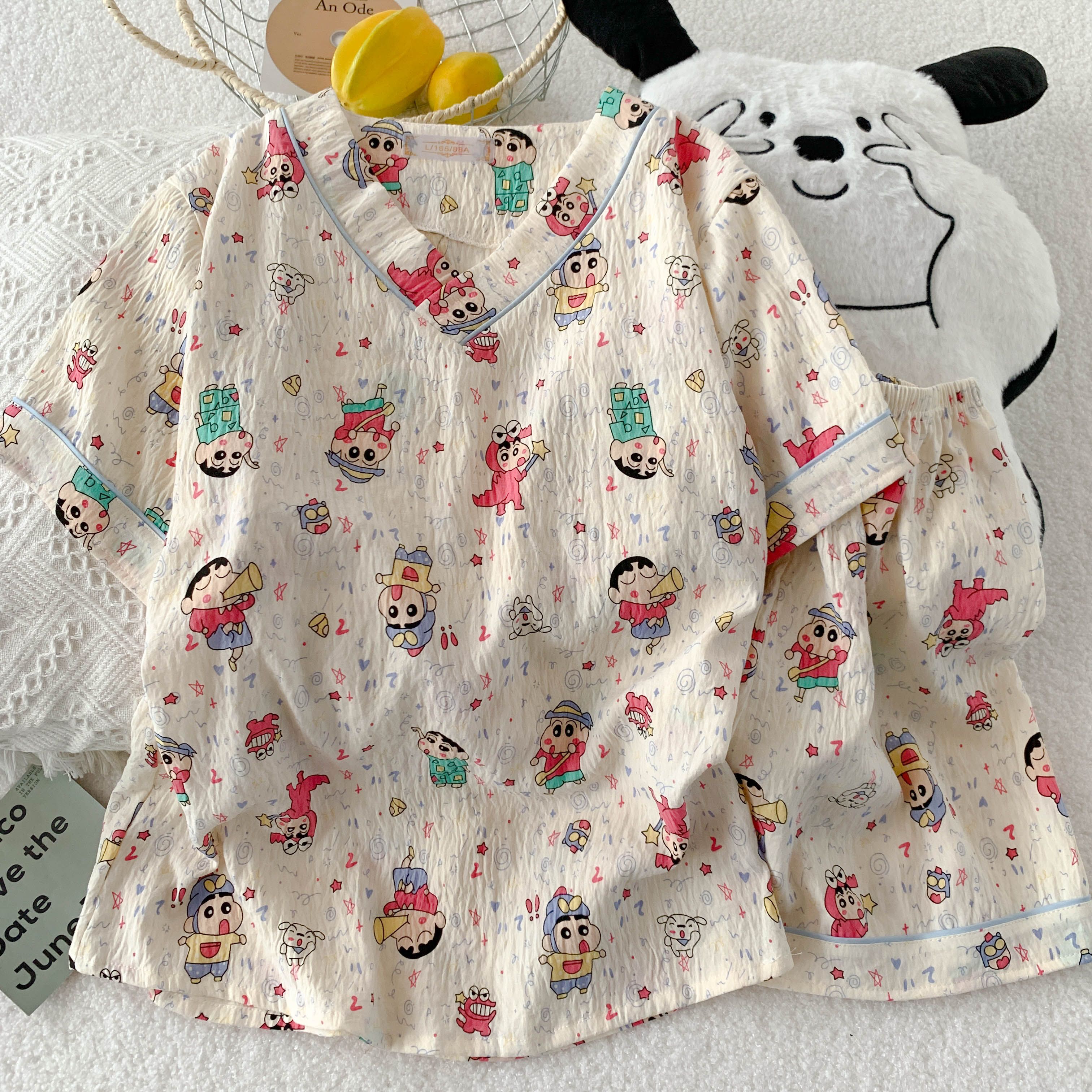 新款纯棉夏季蜡笔小新睡衣女云朵棉短袖可爱卡通家居服套装可外穿