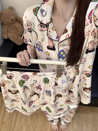 蜡笔小新纯棉睡衣女夏季薄款短袖长裤三件套棉绸可外穿宽松家居服