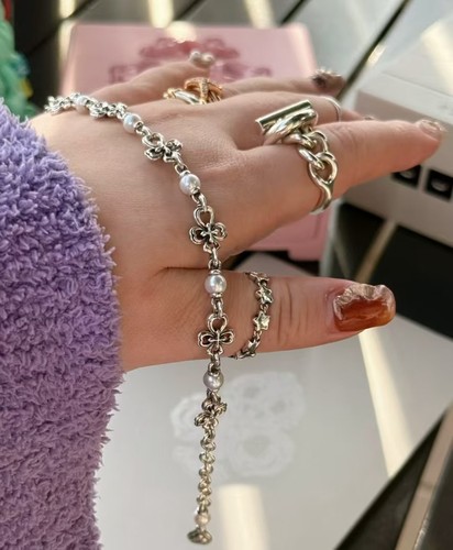 重工多珠手链设计师品牌十字梅花天然珍珠手链5-6mm925银