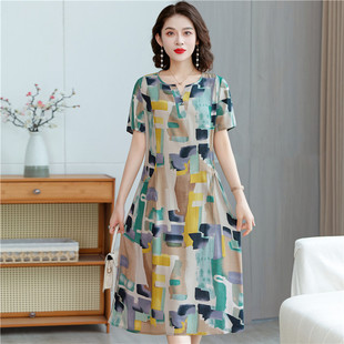 长裙 夏季 2026年高档棉绸裙子人造棉连衣裙口袋外穿新款 宽松妈妈装