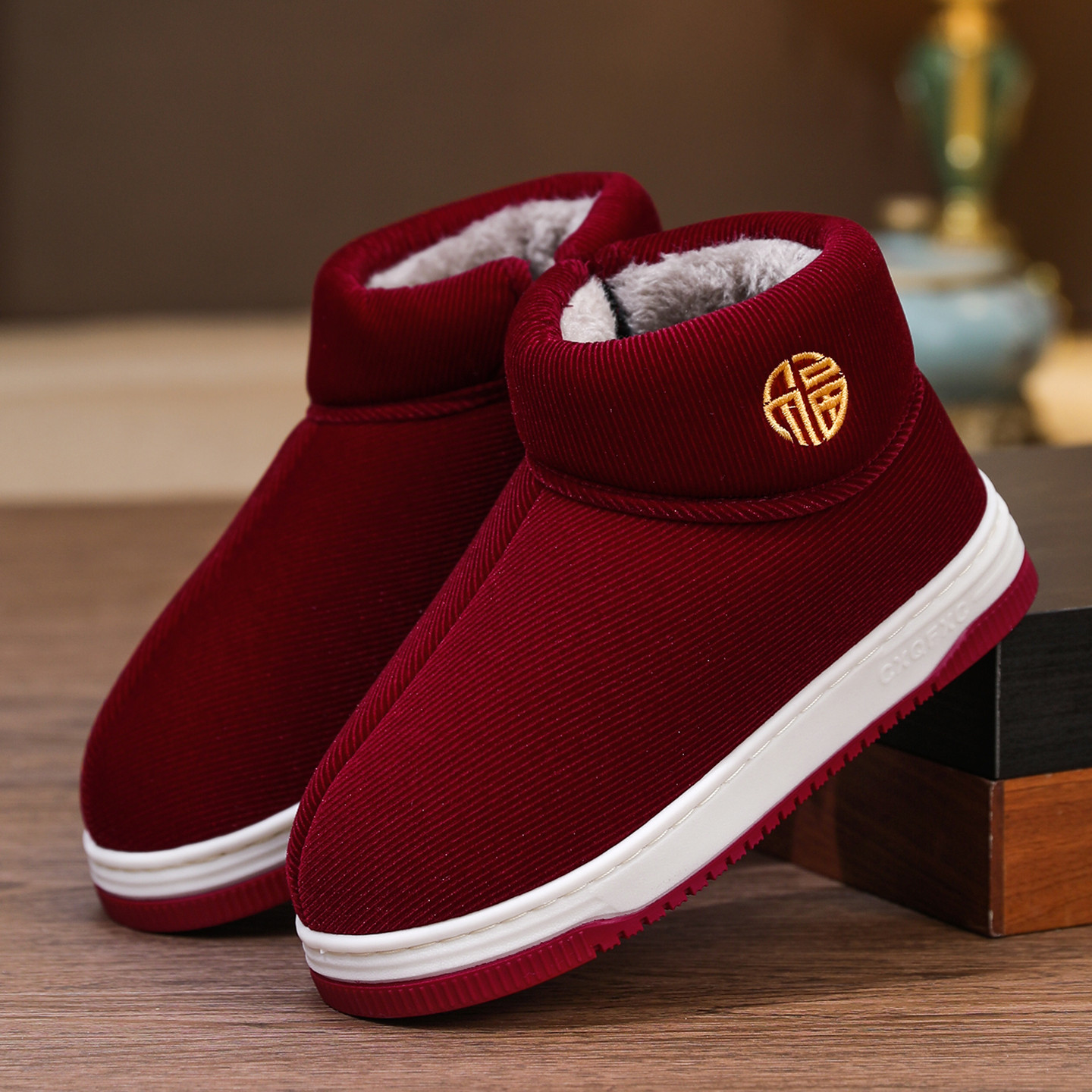 冬季加绒加厚男女款保暖棉鞋老人居家外穿防滑厚底高帮包跟棉拖鞋