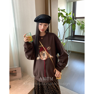 卡通印花圆领卫衣加绒秋冬复古套头上衣 卫衣小狗 AMUM孕妇装