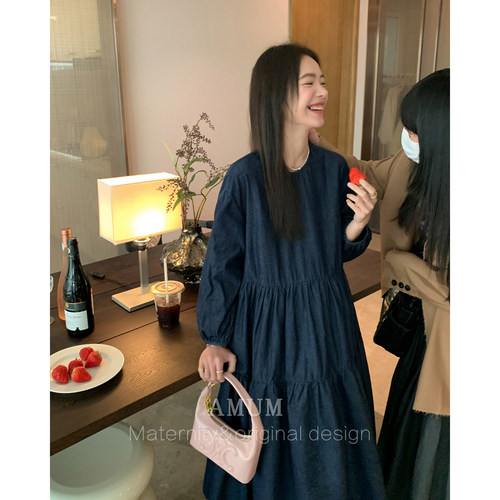 ◆AMUM孕妇装◆开春日杂少女~休闲复古蓝连衣裙百搭显瘦牛仔裙