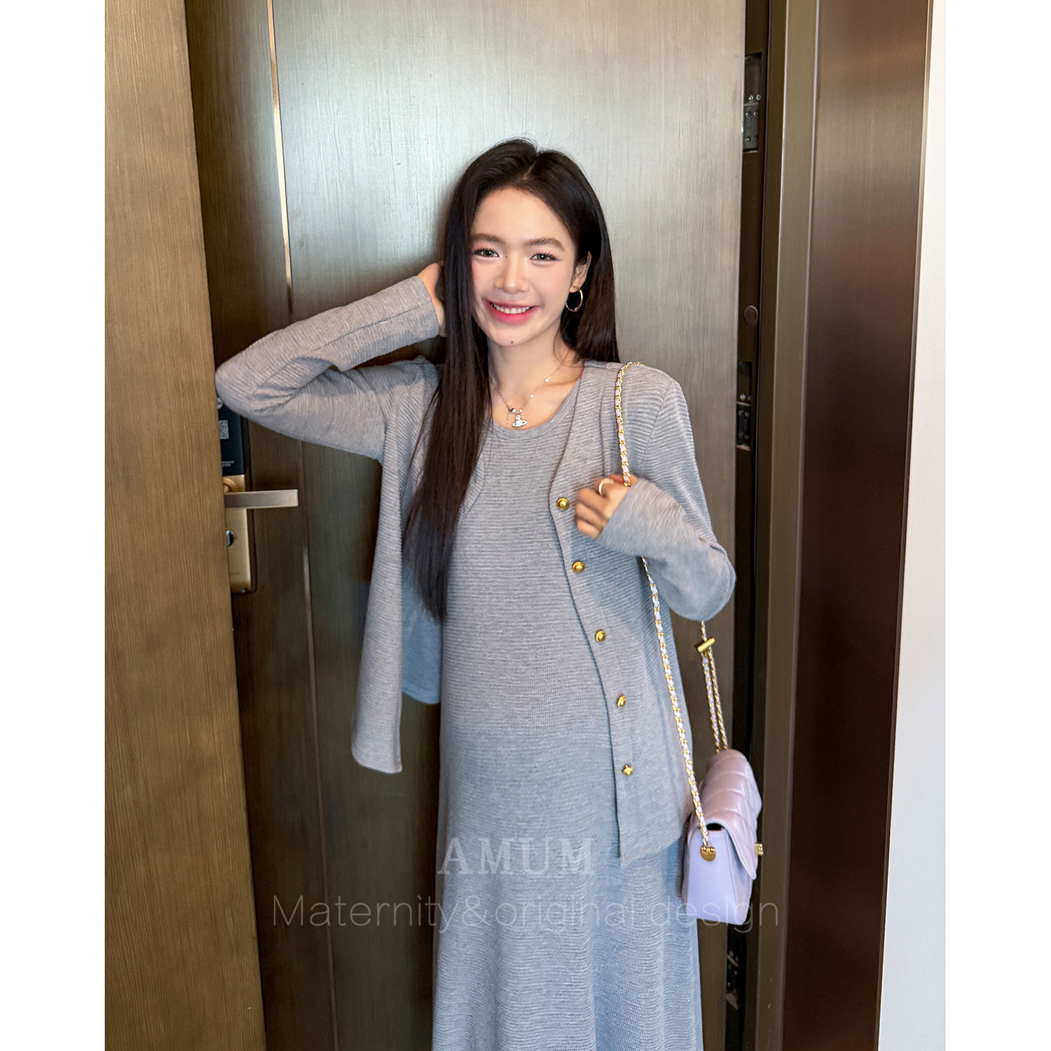 ◆AMUM孕妇装◆好看的早秋~灰色气质套装裙针织开衫背心连衣裙