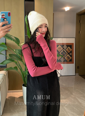 ◆AMUM孕妇装◆在九月~古着感通勤百搭黑色灯芯绒吊带背带裤