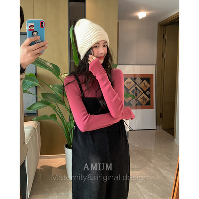 ◆AMUM孕妇装◆在九月~古着感通勤百搭黑色灯芯绒吊带背带裤