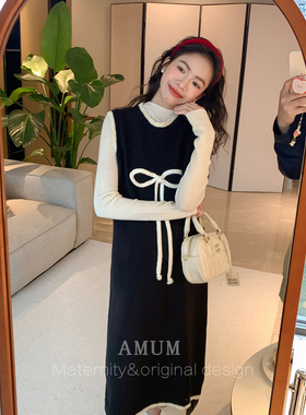 ◆AMUM孕妇装◆轻松步履~秋冬简约显瘦叠穿蝴蝶结针织背心连衣裙