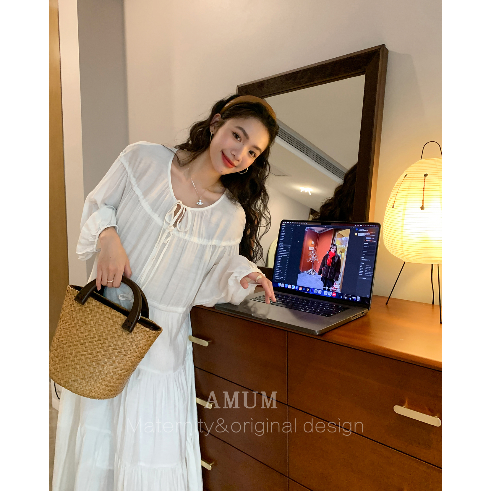 ◆AMUM孕妇装◆缪斯慵懒~春夏中长款蝴蝶结系带宽松度假风连衣裙