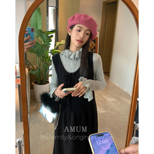 喇叭袖 暖冬午后 花边上衣黑色针织系带背心裙套装 AMUM孕妇装