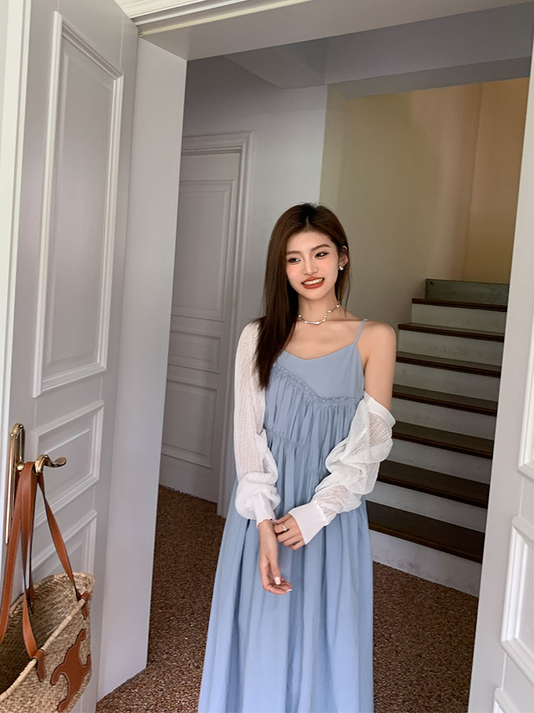 amum孕妇装◆蓝色海恋~甜美baby蓝吊带连衣裙纯色长款度假裙子