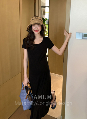 ◆AMUM孕妇装◆纸片人显瘦气质黑色短袖宽松休闲柔软清凉夏连衣裙