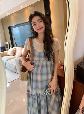 ◆AMUM孕妇装◆少女时代~甜美格纹叠穿吊带休闲拼接宽松连衣裙