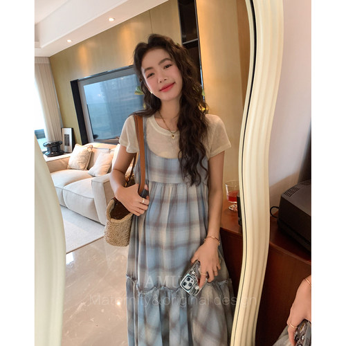 ◆AMUM孕妇装◆少女时代~甜美格纹叠穿吊带休闲拼接宽松连衣裙