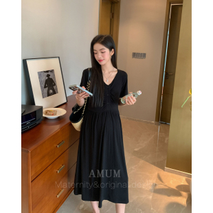 ◆AMUM孕妇装◆洒脱女主~极简褶皱V领休闲裙气质显瘦短袖中长裙