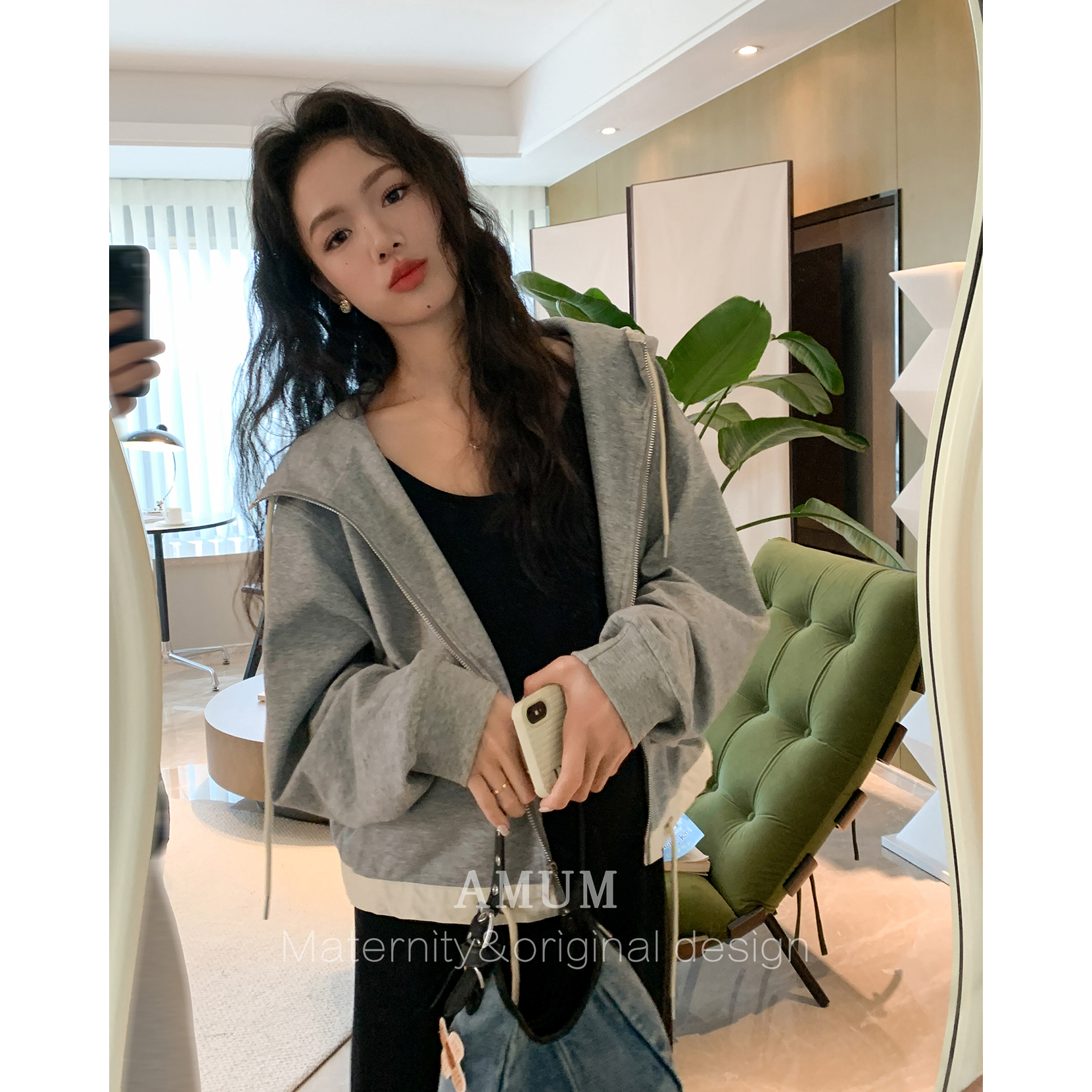 ◆AMUM孕妇装◆拉长比例~灰色运动卫衣外套休闲铜氨丝吊带连衣裙