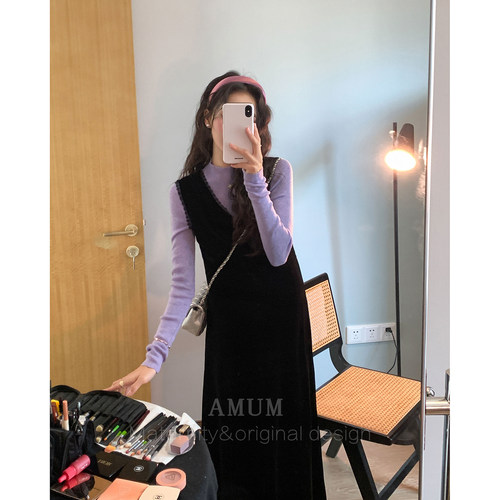 ◆AMUM孕妇装◆中古黑天鹅~花边复古气质丝绒显瘦叠穿背心连衣裙