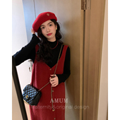 AMUM孕妇装 樱桃气味 圣诞红叠穿无袖 背心裙冬季 复古针织长裙