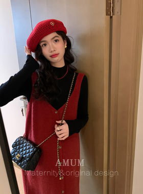 ◆AMUM孕妇装◆樱桃气味~圣诞红叠穿无袖背心裙冬季复古针织长裙
