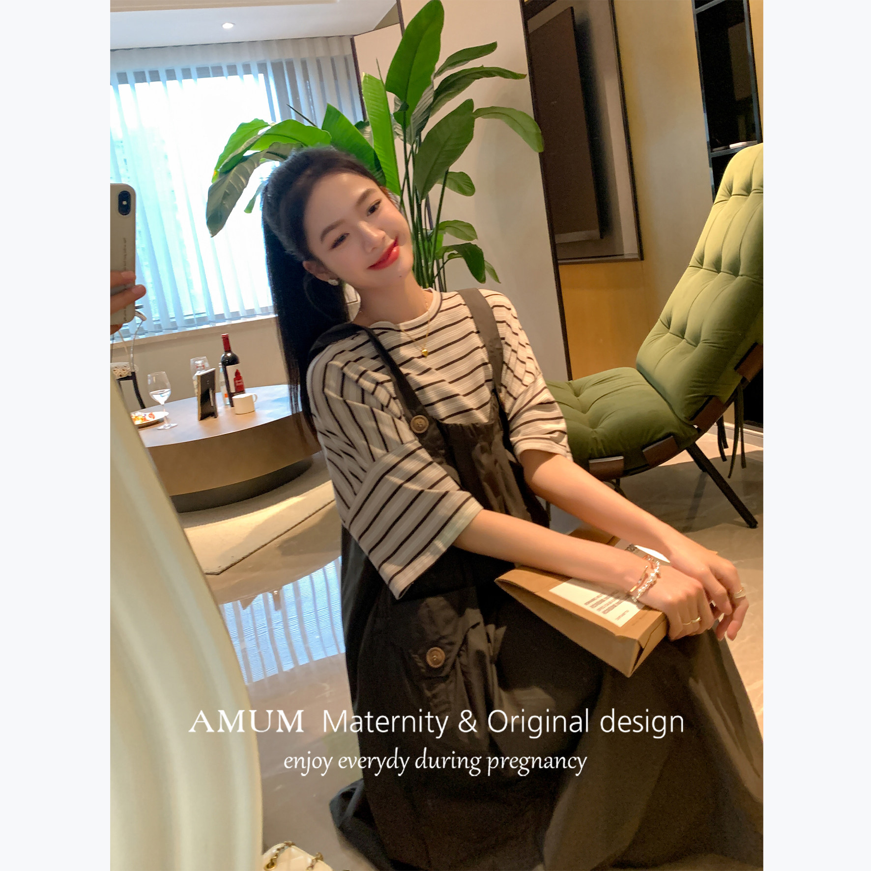 AMUM孕妇装◆初夏茶话会~百搭条纹t短袖工装透气可调节背带连衣裙
