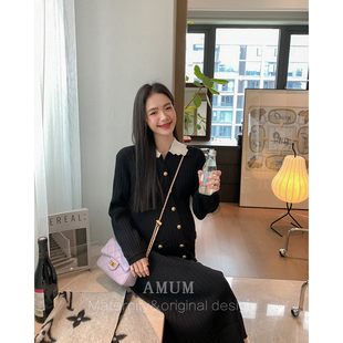 ◆AMUM孕妇装◆克制浪漫~miu系千金撞色气质针织单排扣小香连衣裙