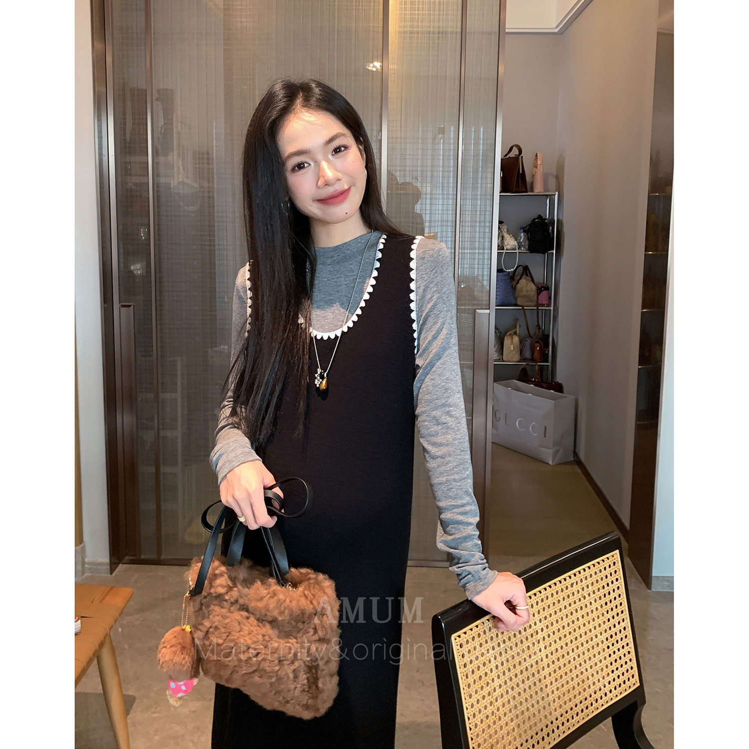 ◆AMUM孕妇装◆极简孕期~秋冬黑色绣边无袖叠穿针织背心裙连衣裙
