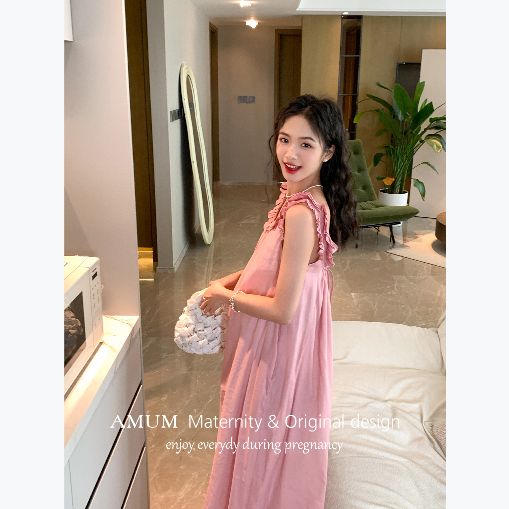 AMUM孕妇装◆粉色蔷薇~清凉苎麻荷叶边连衣裙花边宽松无袖吊带裙