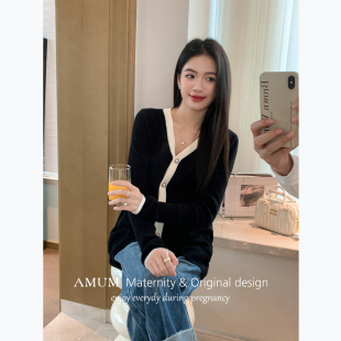 撞色珍珠扣针织小香风气质百搭长袖 女明星2.0 上衣 AMUM孕妇装