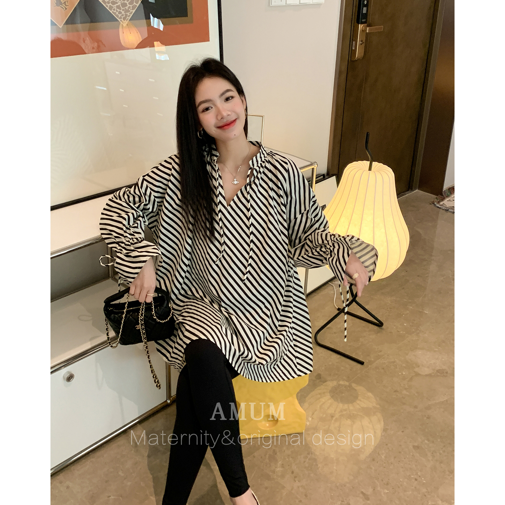 ◆AMUM孕妇装◆高智分子~腔调慵懒宽松斑马条纹衬衫气质休闲上衣