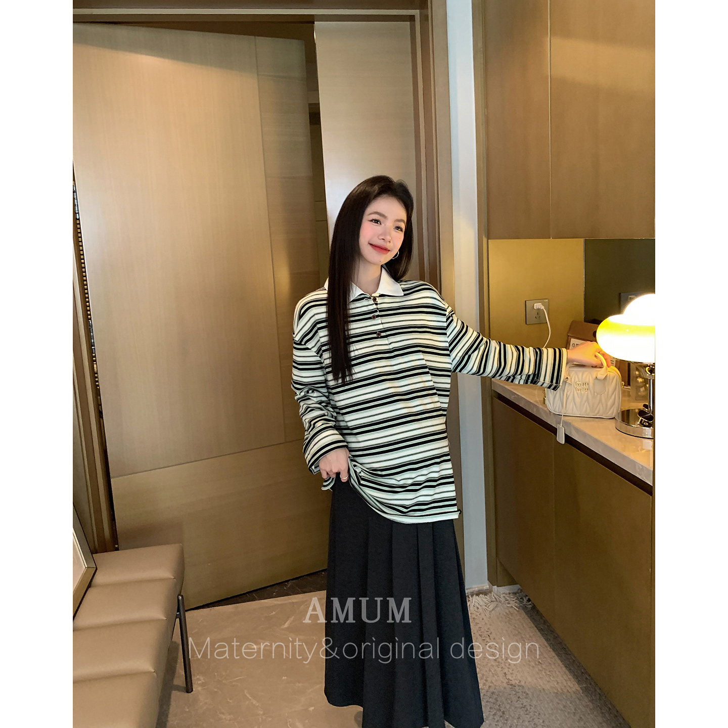 ◆AMUM孕妇装◆m1u系书呆~条纹小翻领长袖polo领t恤早秋韩系上衣