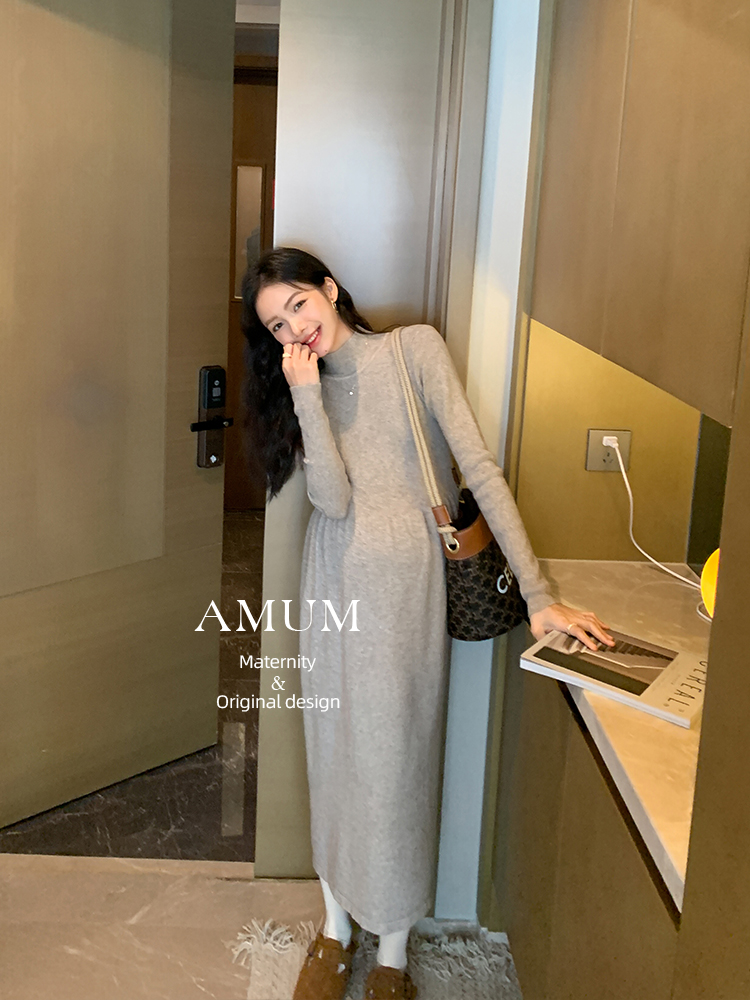 ◆AMUM孕妇装◆大衣伴侣~半高领针织连衣裙秋冬高弹显瘦内搭长裙