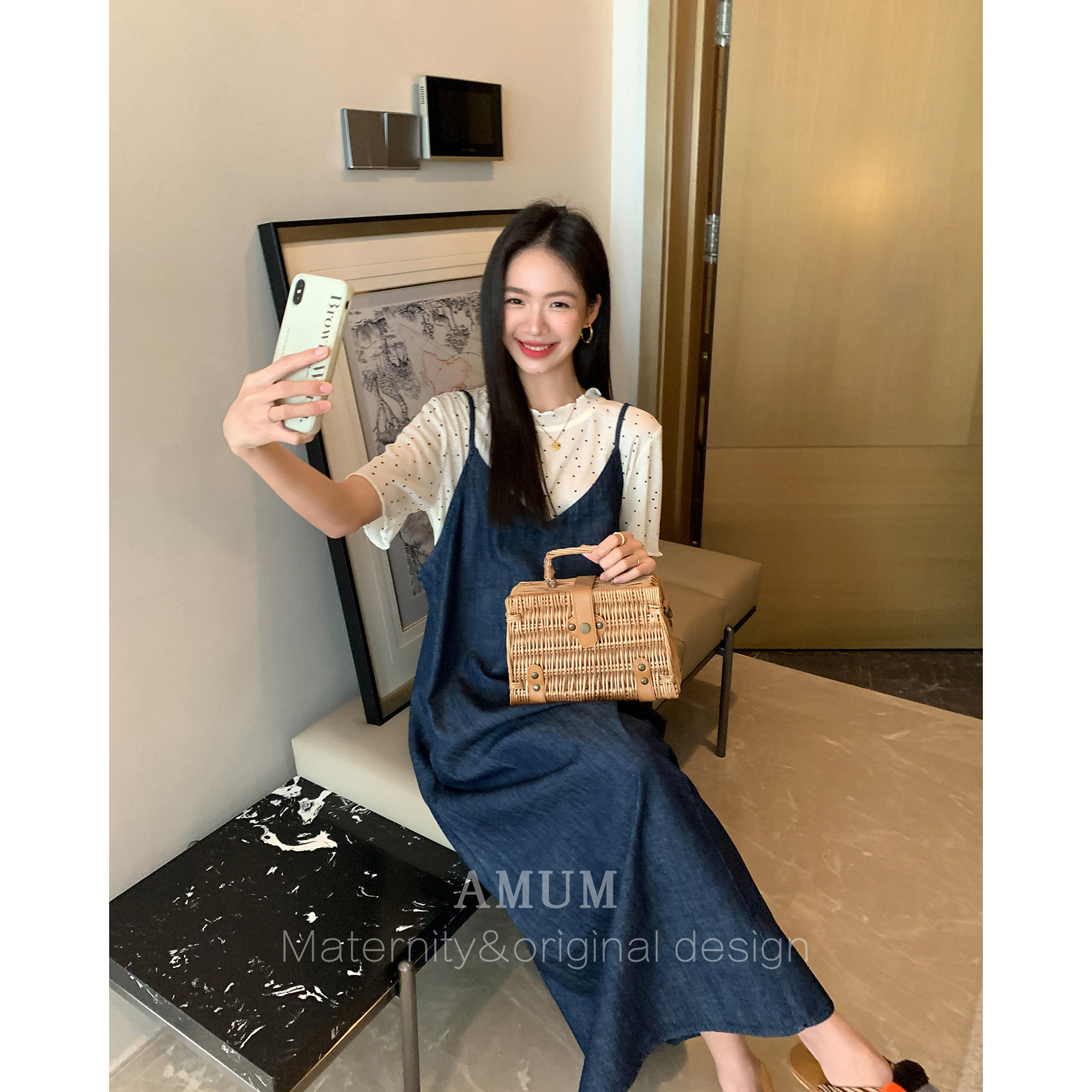 ◆AMUM孕妇装◆夏日公式~松弛宽松不显怀吊带连衣裙叠穿波点上衣
