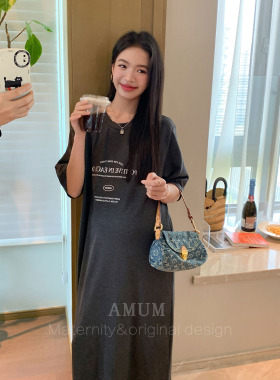 ◆AMUM孕妇装◆懒人长t~灰色慵懒松弛感圆领字母印花短袖连衣裙