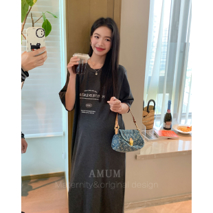 ◆AMUM孕妇装◆懒人长t~灰色慵懒松弛感圆领字母印花短袖连衣裙