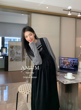 ◆AMUM孕妇装◆黑色肌理感背带连衣裙法式宫廷风气质显瘦背心裙