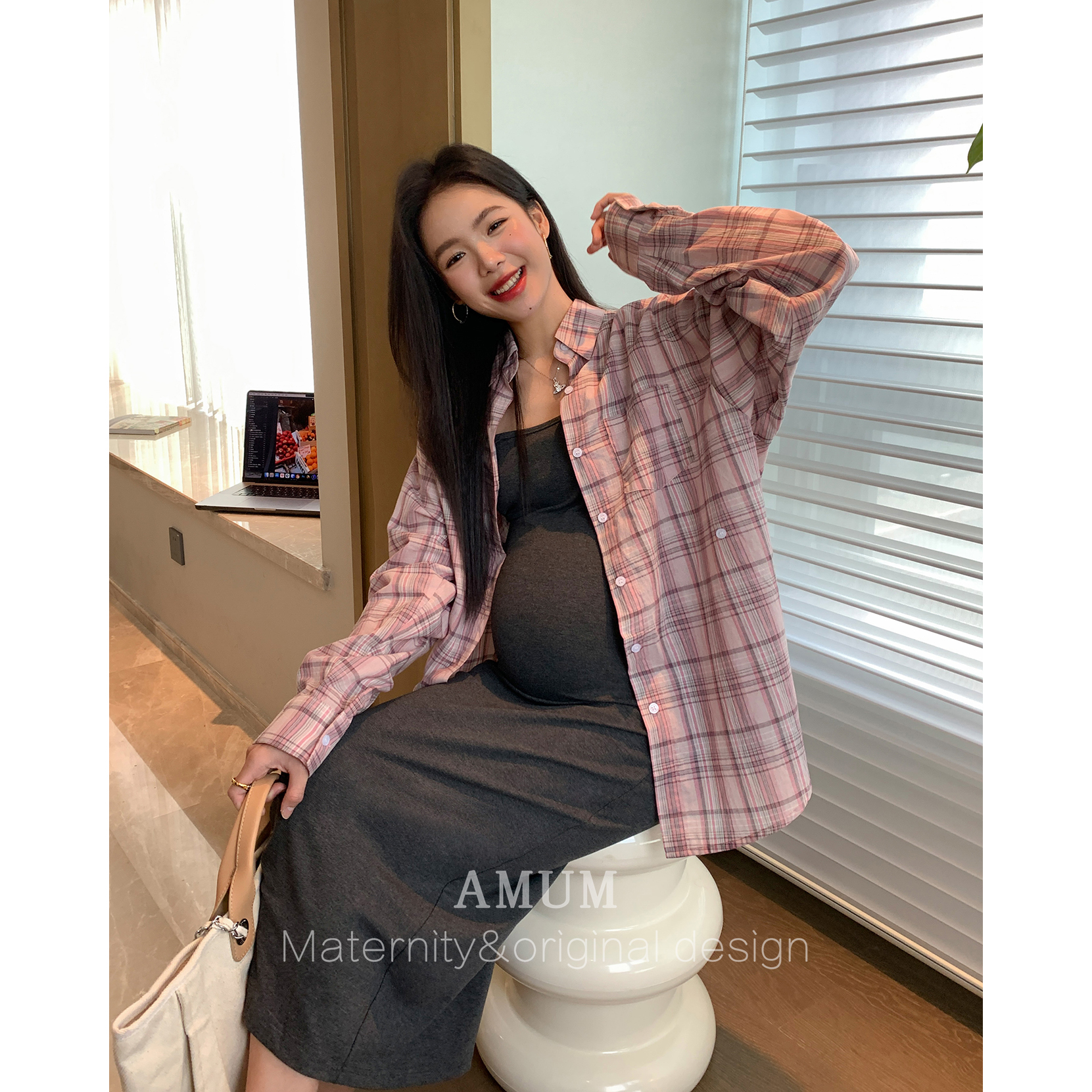 ◆AMUM孕妇装◆显白的多巴胺~长袖格纹衬衫宽松防晒百搭叠穿上衣