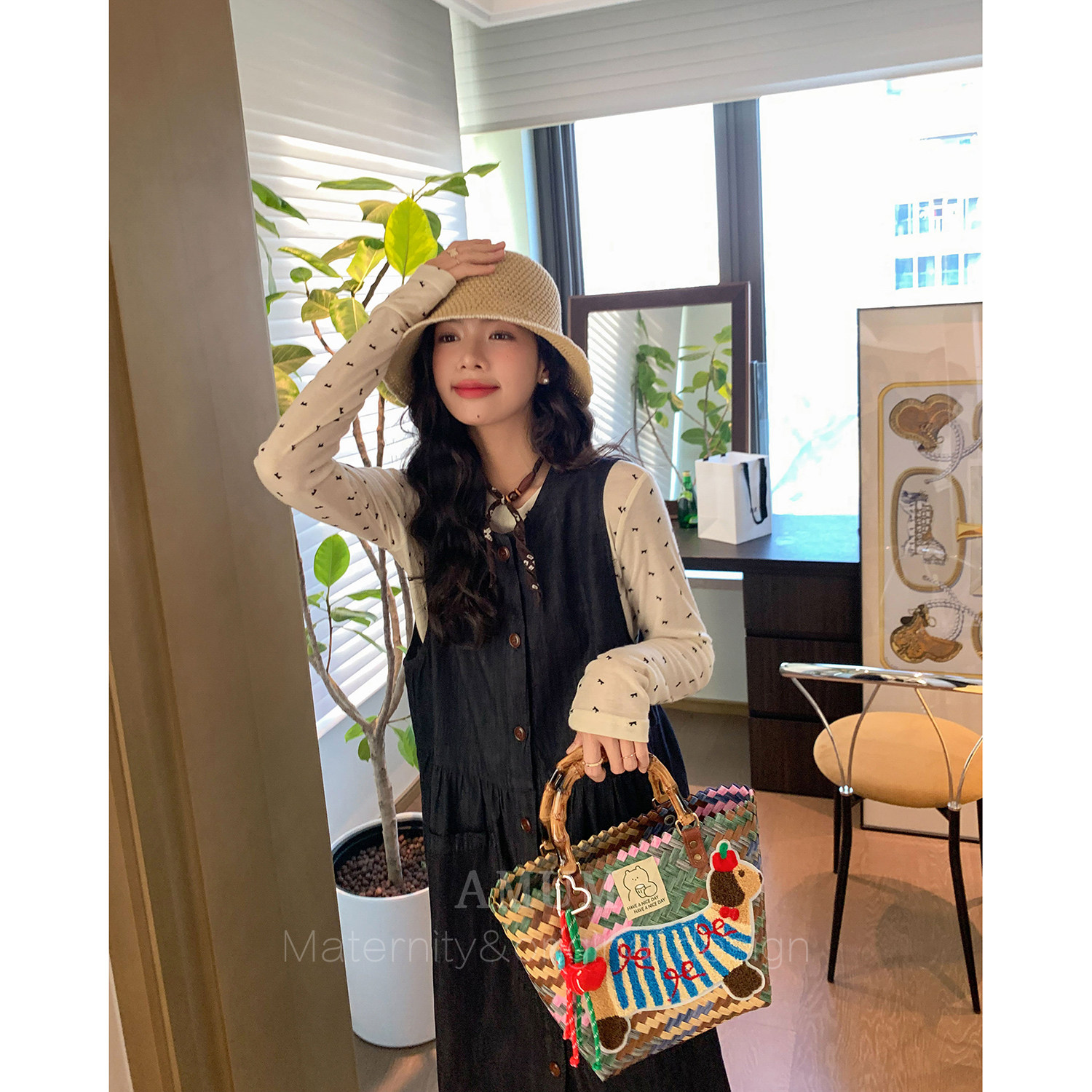 ◆AMUM孕妇装◆秋装慵懒~牛仔棉无袖深蓝宽松叠穿背心裙连衣裙图片