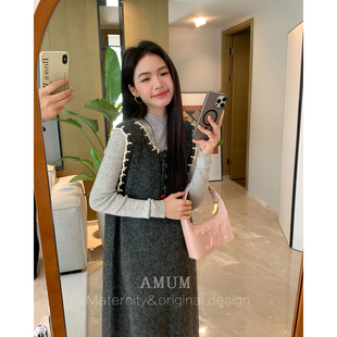 ◆AMUM孕妇装◆灰系智性~温柔高知感加厚慵懒宽松复古针织背心裙