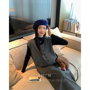 ◆AMUM孕妇装◆冬令时节~深灰复古叠穿显瘦双口袋无袖加绒背心裙