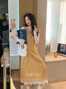 ◆AMUM孕妇装◆心动crush~甜美蕾丝花边拼接无袖叠穿针织背心裙