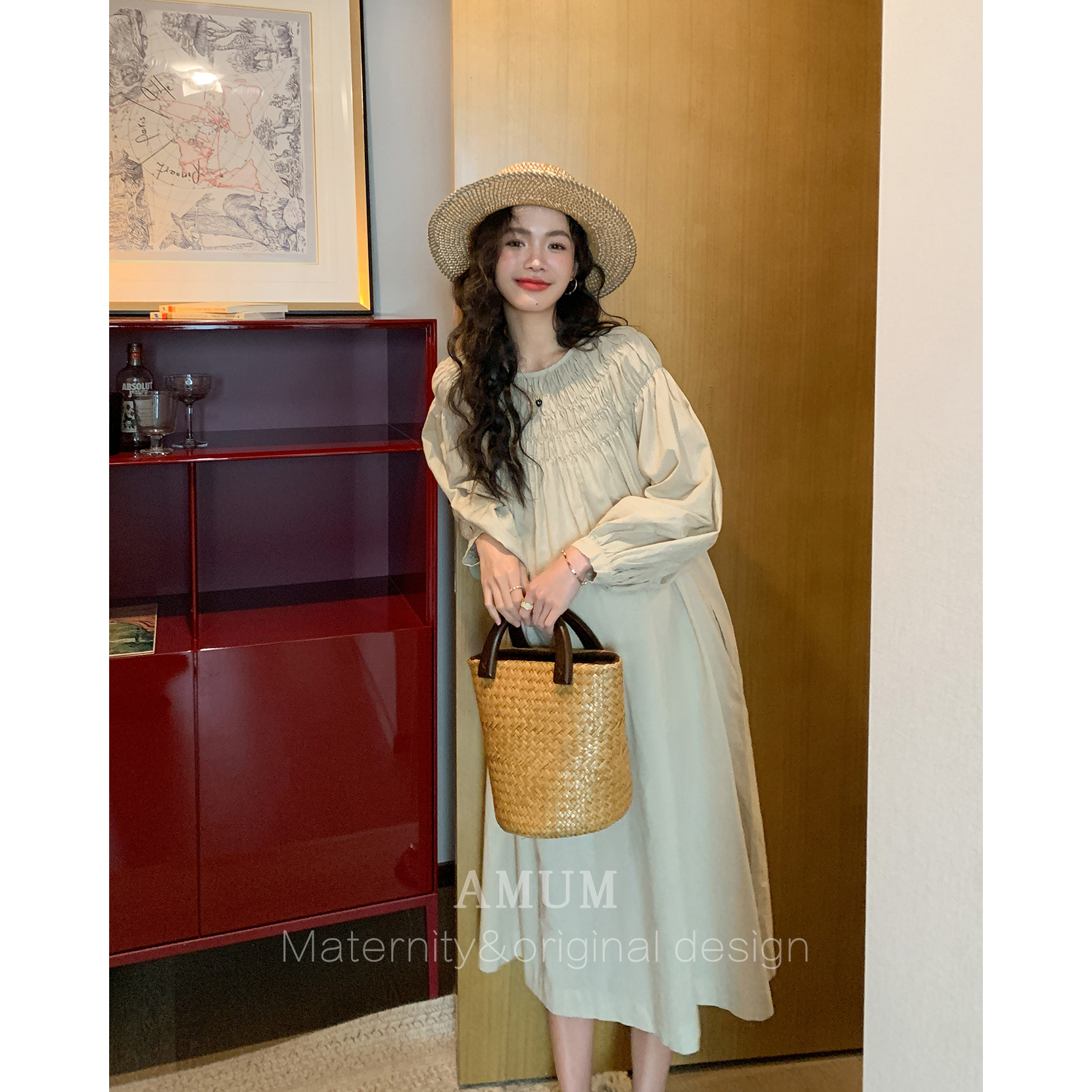 ◆AMUM孕妇装◆优雅之镜~日系圆领褶皱灯笼袖清新纯色宽松连衣裙